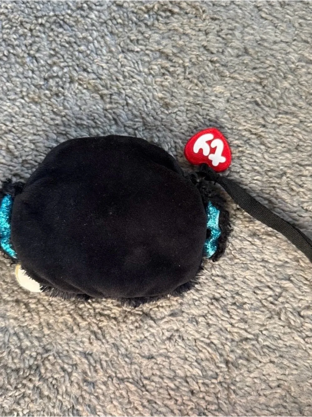 ✅Ty Black & White Plush Dog Wristlet Purse with Teal Glitter Bow and Eye Accents